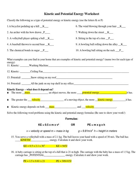 An object with the mass of. . Potential and kinetic energy worksheet answer key